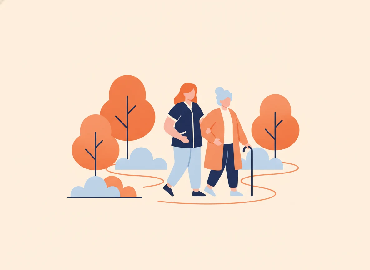 Une aidante accompagne une femme âgée lors d'une promenade